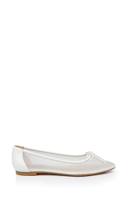 White Mesh | Cam Pointed Toe Leather Flats with Bow