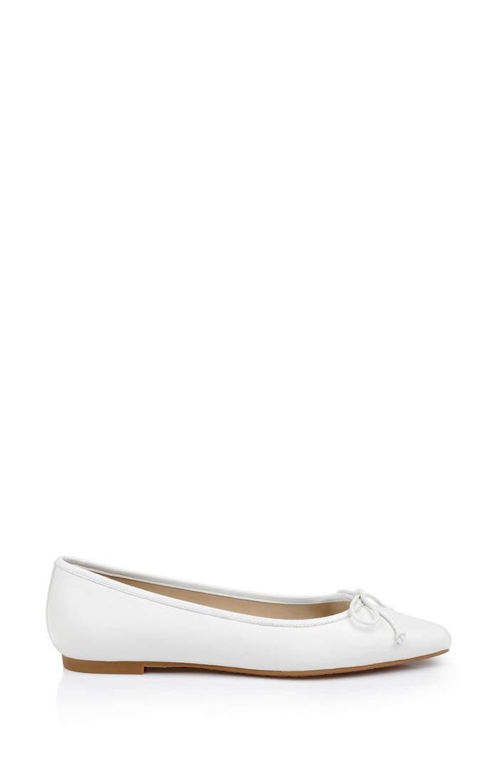 White Leather | Cam Pointed Toe Leather Flats with Bow