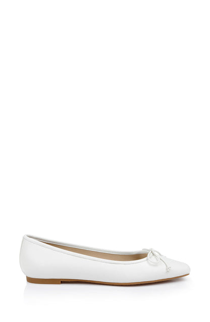 White Leather | Cam Pointed Toe Leather Flats with Bow