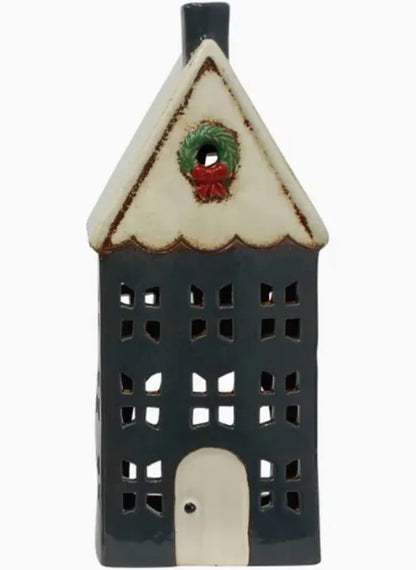 Christmas Tea Light House Blue with Wreath Large