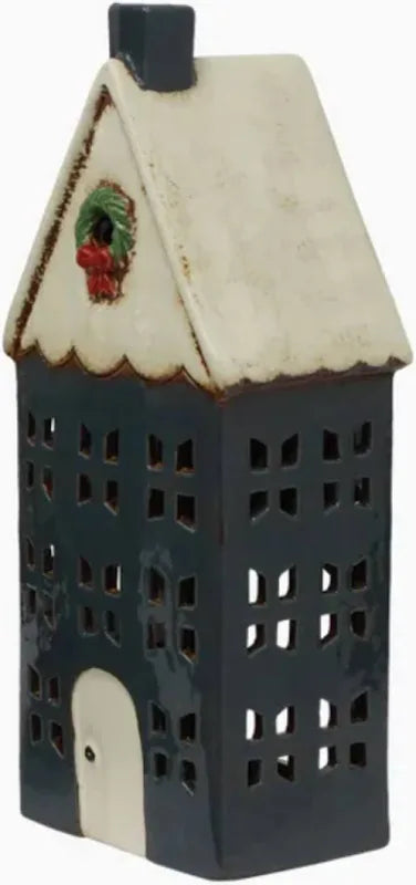 Christmas Tea Light House Blue with Wreath Large