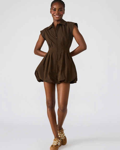 DYANNE Dark Espresso Women's Zip-Front Bubble-Hem Dress | Steve Madden