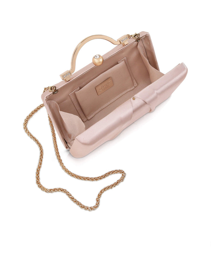 Champagne | Emma Satin Minaudiere with Outer Pocket Open