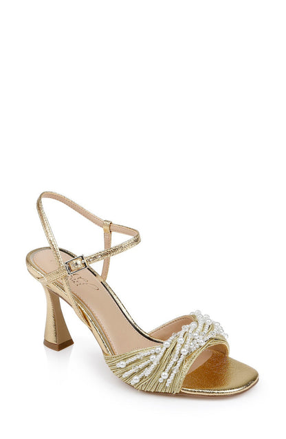 Gold Textile | Fanny Pearl Stiletto Heel Sandals Front Side