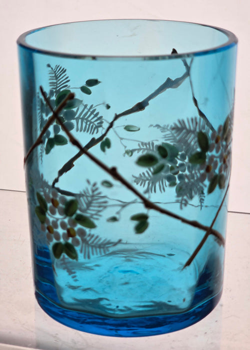 French Glass blue vase enamel painted c.1910