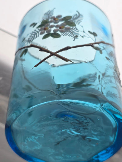 French Glass blue vase enamel painted c.1910