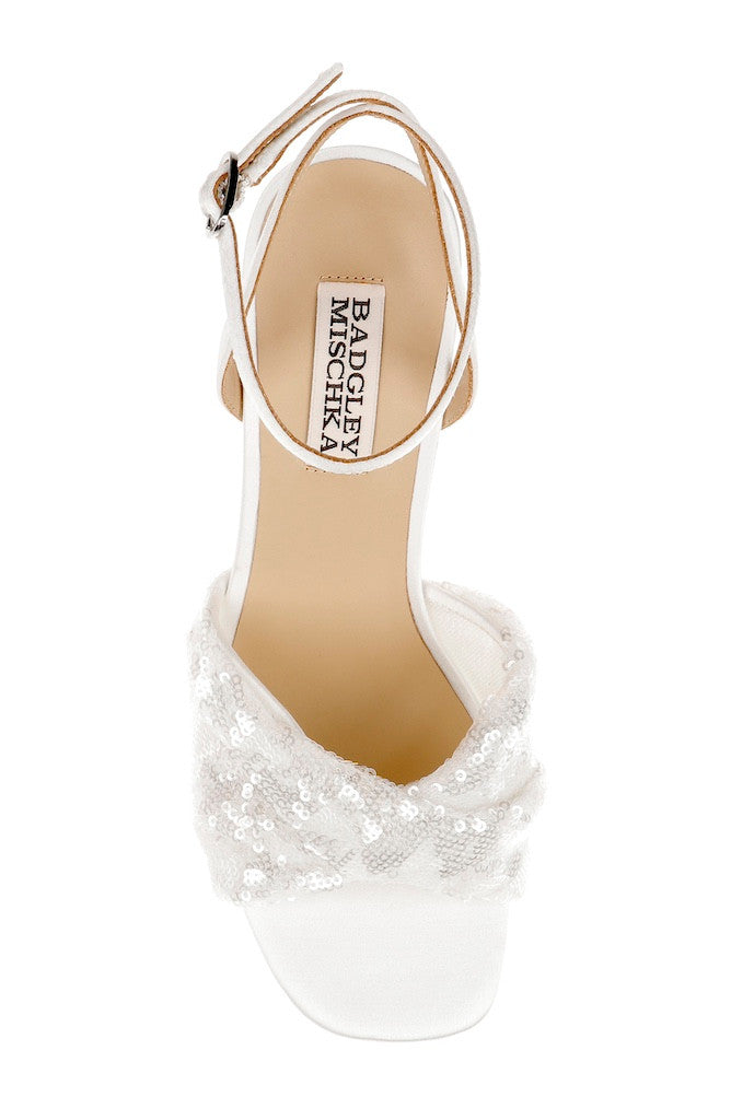 White Sequins | Gema Sequin Block Heel Sandals Top