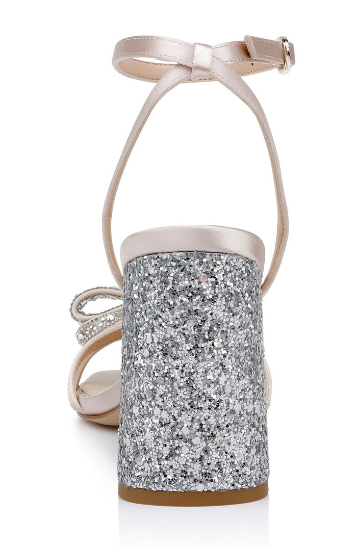 Champagne | Hillary Block Heel Sandal with Rhinestone Bow