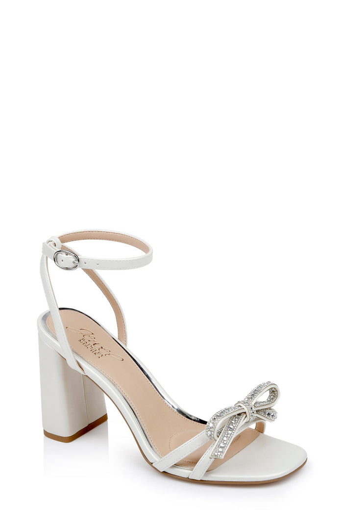 White | Hillary Block Heel Sandal with Rhinestone Bow