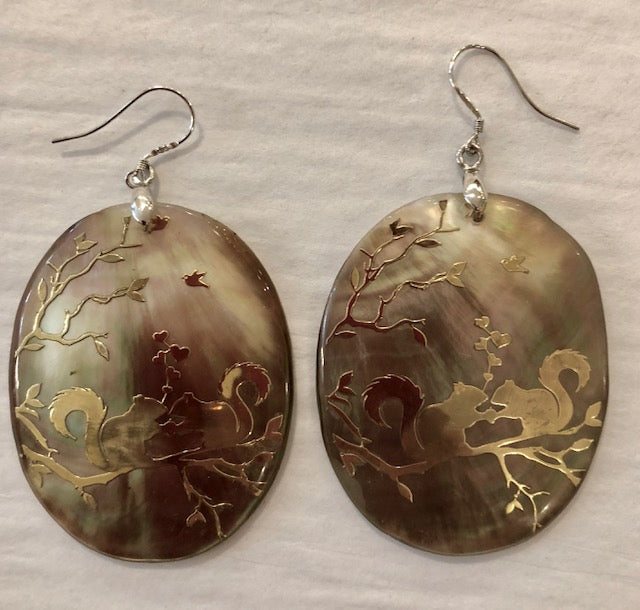 Jewelry - Earrings - Abalone Shell Earrings with Gold Squirrel Design
