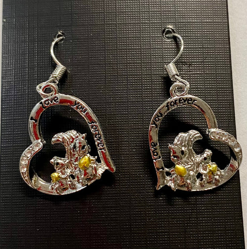 A pair of silver alloy earrings featuring a squirrel inside a heart, with the heart engraved with 'I Love You Forever' and adorned with rhinestones.