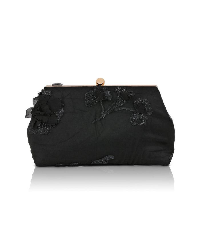Black | Lila Floral Applique Pouch Clutch Back
