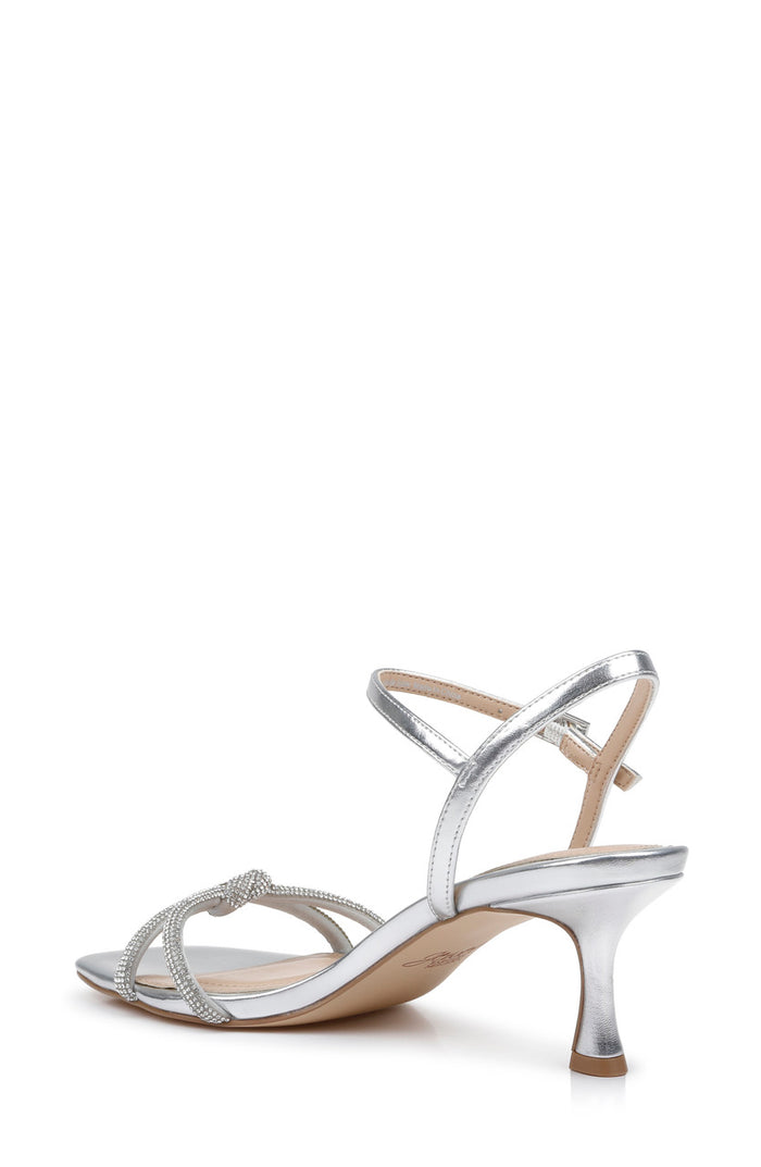 Silver | Maci Metallic Sandal with Rhinestone Knot Detail