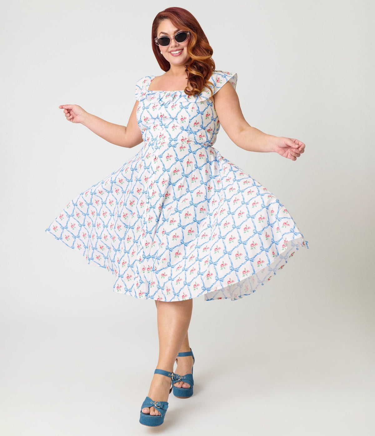 Magnolia Place Plus Size White & Rose Trellis Barbara Swing Dress