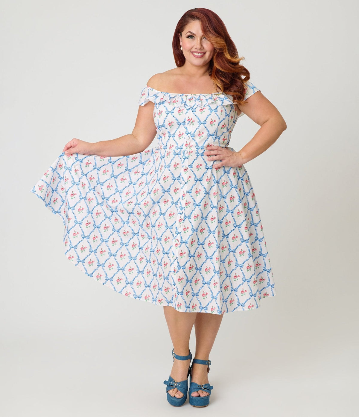 Magnolia Place Plus Size White & Rose Trellis Barbara Swing Dress