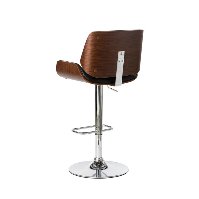 Mid-century Modern Black PU and Walnut Bentwood Adjustable Height Swivel Bar Stool