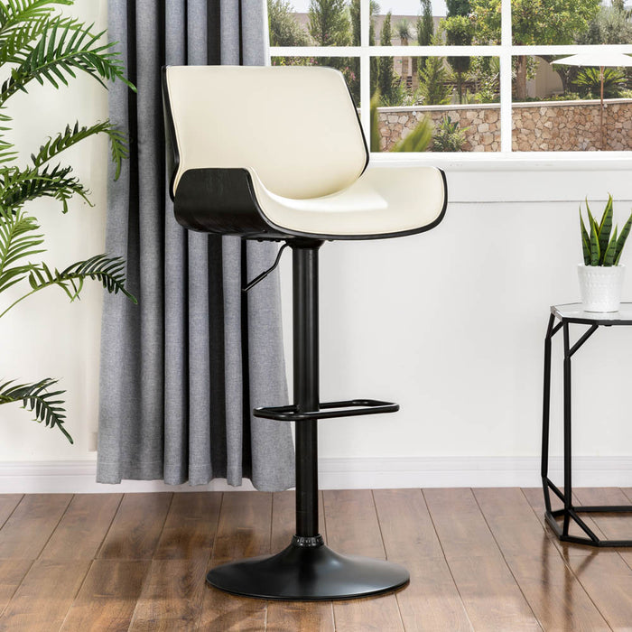 Mid-century Modern White PU and Black Bentwood Adjustable Height Swivel Bar Stool