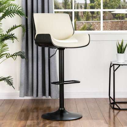 Mid-century Modern White PU and Black Bentwood Adjustable Height Swivel Bar Stool