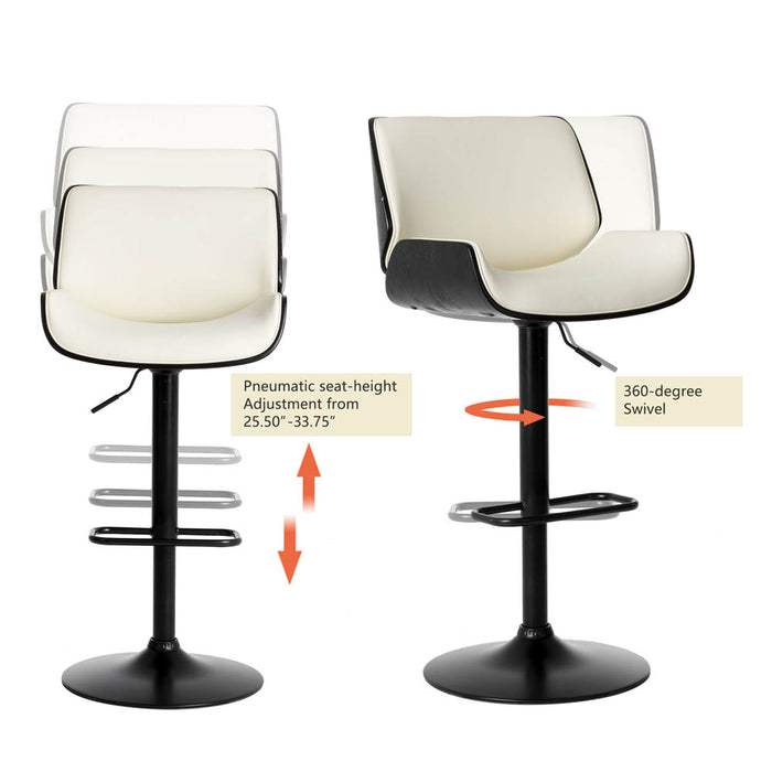 Mid-century Modern White PU and Black Bentwood Adjustable Height Swivel Bar Stool