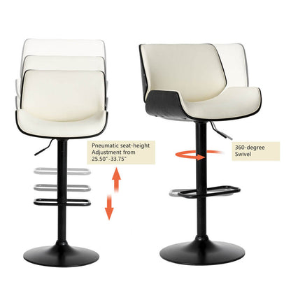 Mid-century Modern White PU and Black Bentwood Adjustable Height Swivel Bar Stool
