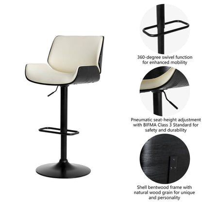Mid-century Modern White PU and Black Bentwood Adjustable Height Swivel Bar Stool