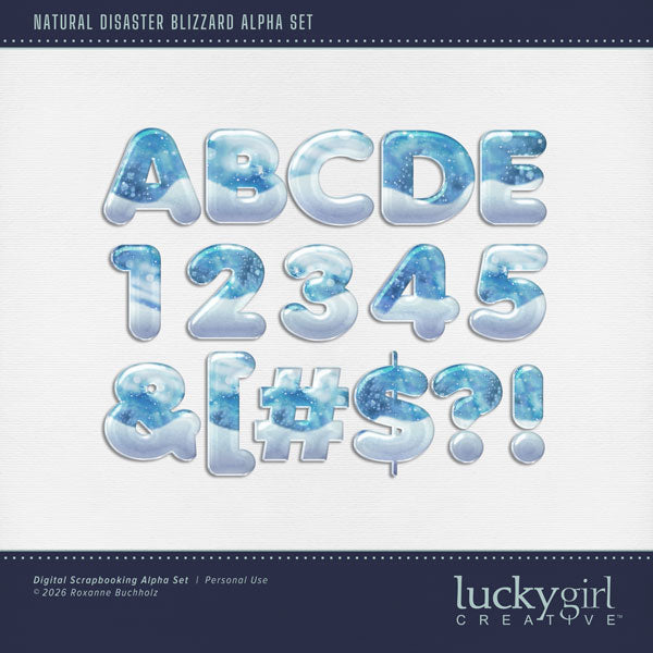Create one-of-a-kind page titles with these beautiful frozen alphabet letters, numbers, and punctuation by Lucky Girl Creative digital art for digital scrapbooking. Perfect for blizzard, winter, snow, skiing, and snowboarding, as well as outdoor and nature pages! The alpha set consists of a full set of digital art uppercase alphabet letters A-Z, lowercase numbers 0-9, and most punctuation marks. This alpha set is available as individual embellishments only.