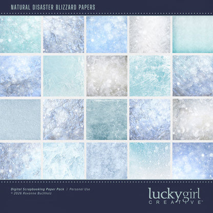 These beautiful frosty ice background papers by Lucky Girl Creative digital art with add a bit of chill to your winter digital scrapbooking pages. Perfect for blizzard, winter, snow, skiing, ice skating, hockey, and snowboarding, as well as outdoor and nature pages! This kit is included in the Natural Disaster Blizzard Bundle.