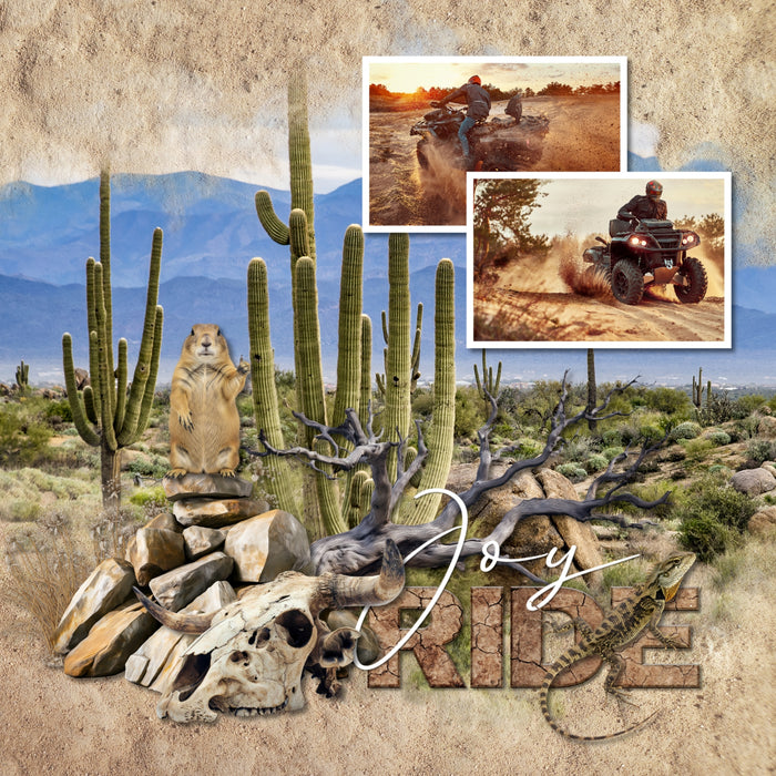 Create one-of-a-kind digital scrapbooking pages with these cracked and weathered realistic embellishments, papers, metal signs, and alpha sets by Lucky Girl Creative digital art. Perfect for drought, summer, desert, savanna, western, cowboy, and dirt bike adventures, as well as outdoor and nature pages! Embellishments include vulture, insect, cockroach, grasshopper, kangaroo mouse, lizard, prairie dog, ran, sheep, turtle, tortoise, bandana, dry, branch, climate, sink hold, cracked earth, dead tree, pipe