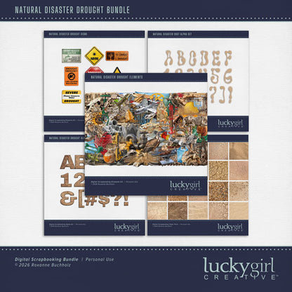 Create one-of-a-kind digital scrapbooking pages with these cracked and weathered realistic embellishments, papers, metal signs, and alpha sets by Lucky Girl Creative digital art. Perfect for drought, summer, desert, savanna, western, cowboy, and dirt bike adventures, as well as outdoor and nature pages! Embellishments include vulture, insect, cockroach, grasshopper, kangaroo mouse, lizard, prairie dog, ran, sheep, turtle, tortoise, bandana, dry, branch, climate, sink hold, cracked earth, dead tree, pipe