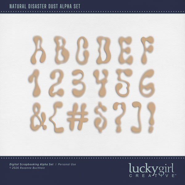 Create one-of-a-kind page titles with these dusty alphabet letters, numbers, and punctuation by Lucky Girl Creative digital art for digital scrapbooking. Perfect for drought, summer, desert, savanna, western, cowboy, and dirt bike adventures, as well as outdoor and nature pages! The alpha set consists of a full set of digital art uppercase alphabet letters A-Z, lowercase numbers 0-9, and most punctuation marks. This alpha set is available as individual embellishments only.