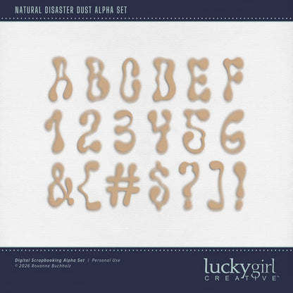 Create one-of-a-kind page titles with these dusty alphabet letters, numbers, and punctuation by Lucky Girl Creative digital art for digital scrapbooking. Perfect for drought, summer, desert, savanna, western, cowboy, and dirt bike adventures, as well as outdoor and nature pages! The alpha set consists of a full set of digital art uppercase alphabet letters A-Z, lowercase numbers 0-9, and most punctuation marks. This alpha set is available as individual embellishments only.