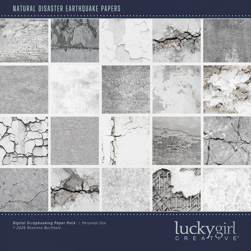 These realistic broken and cracked concrete backgrounds by Lucky Girl Creative digital art will add a bit of authenticity to your earthquake digital scrapbooking pages. Perfect for experiencing earthquakes in California, urban city adventures, and historical travel sites, as well as outdoor and nature pages! This kit is included in the Natural Disaster Earthquake Bundle.