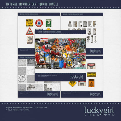 These realistic embellishments, cracked papers, metal signs, and alpha set by Lucky Girl Creative digital art will add a bit of authenticity to your earthquake digital scrapbooking pages. Perfect for experiencing earthquakes in California, urban city adventures, and historical travel sites, as well as outdoor and nature pages! Signs include dog, German Shepherd, rescue, battery, broken glass, destroyed building, damage, cell tower, cement, concrete, broken, ruin, cracked, cracks, downtown, Seismograph