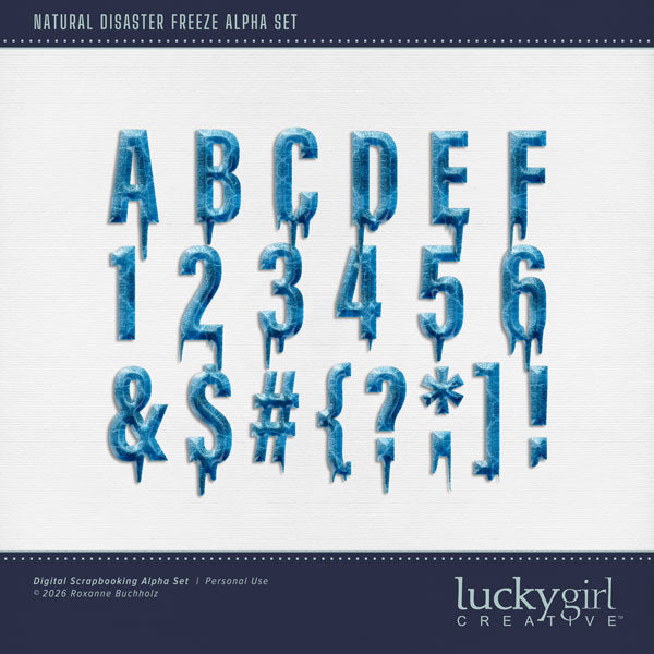 Create one-of-a-kind page titles with these beautiful frozen alphabet letters, numbers, and punctuation by Lucky Girl Creative digital art for digital scrapbooking. Perfect for blizzard, winter, snow, ice skating, and hockey as well as outdoor and nature pages! The alpha set consists of a full set of digital art uppercase alphabet letters A-Z, lowercase numbers 0-9, and most punctuation marks. This alpha set is available as individual embellishments only.