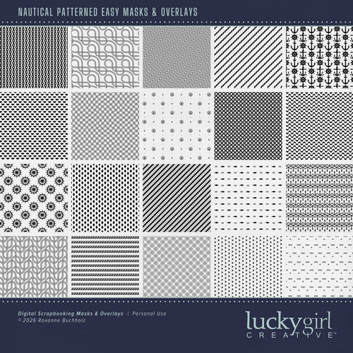 Create your own digital scrapbooking papers with these stylish patterned nautical overlays by Lucky Girl Creative digital art for digital scrapbooking. Fill the patterns with your favorite color, photo, or paper to create a unique patterned effect and one-of-a-kind background paper. Great for beach, ocean, seaside, and nautical adventures! This kit is included in the Shore Sophistication Bundle 2.