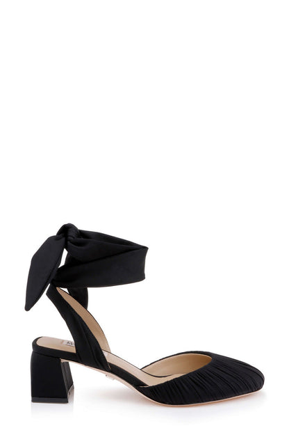 Black Fabric | Ofelia Ruched Ankle-Wrap Block Heel Side