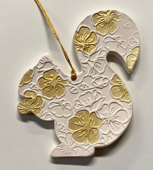 Ornament - Ceramic - White Squirrel with Gold Floral Design - Large