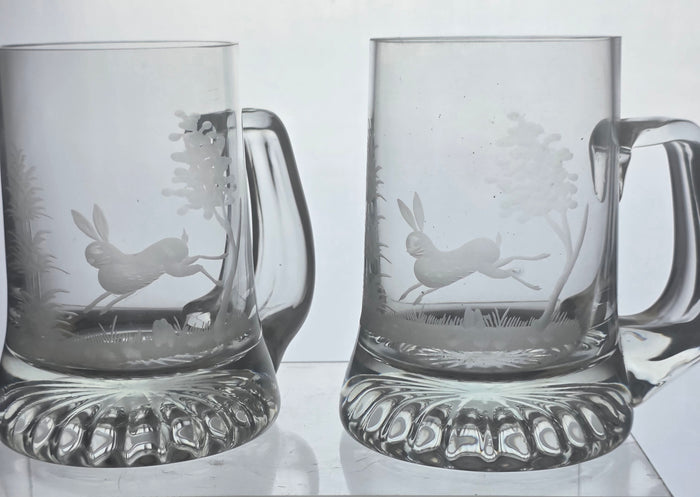 Pair Rabbit -copper wheel engraved  beer mugs