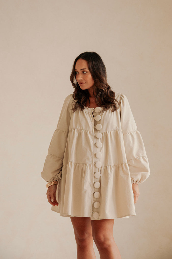 Beige Puff Sleeve Button Midi Palmer Dress