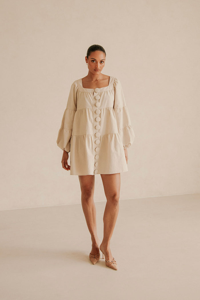 Beige Puff Sleeve Button Midi Palmer Dress
