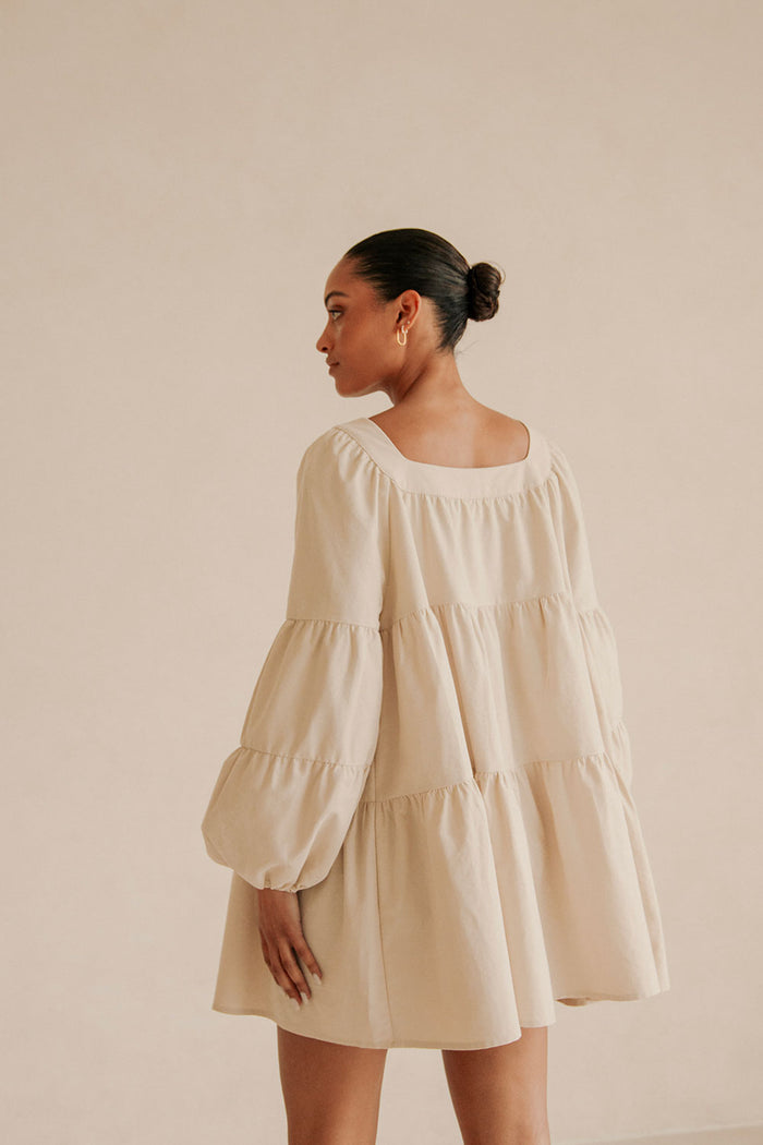 Beige Puff Sleeve Button Midi Palmer Dress