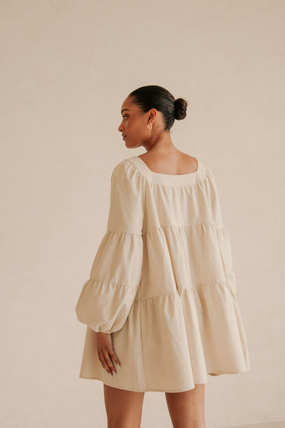 Beige Puff Sleeve Button Midi Palmer Dress