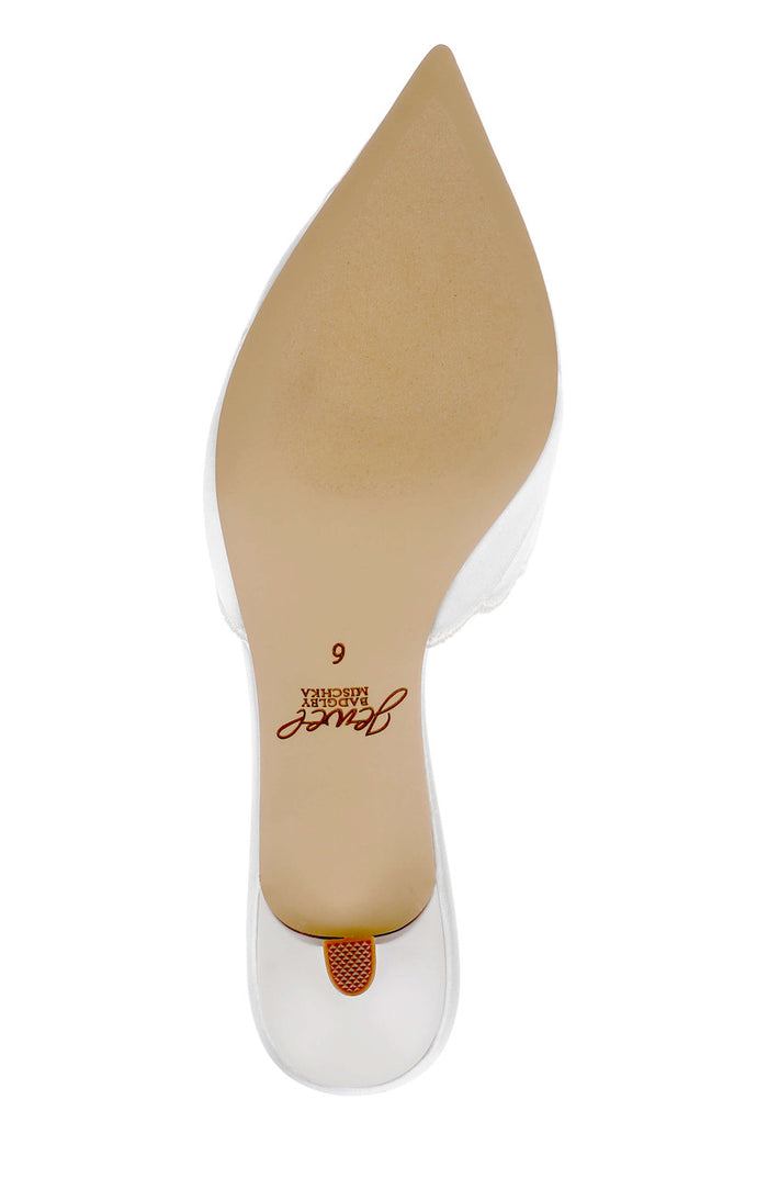 Ivory Satin | Palmer Pointed Toe Kitten Heel Mules Sole
