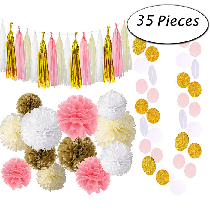 Pink and Gold Party Supplies with Tissue Pom Tassel Garland Party Decorations (35 pcs)