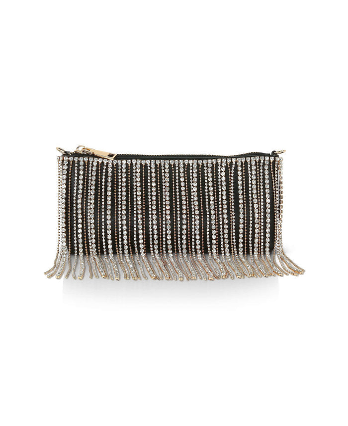 Black | Piper Top Zip Crystal Fringe Leather Crossbody Front