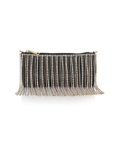 Black | Piper Top Zip Crystal Fringe Leather Crossbody Front