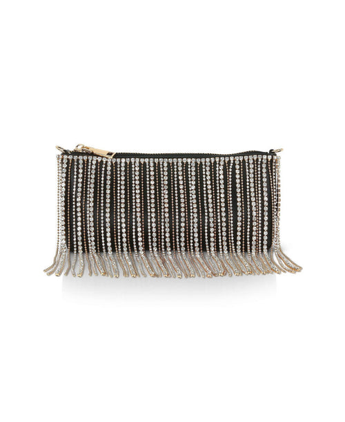 Black | Piper Top Zip Crystal Fringe Leather Crossbody Front
