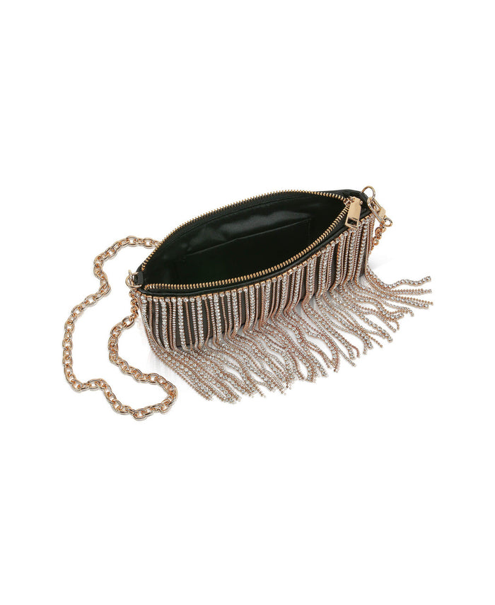 Black | Piper Top Zip Crystal Fringe Leather Crossbody Open