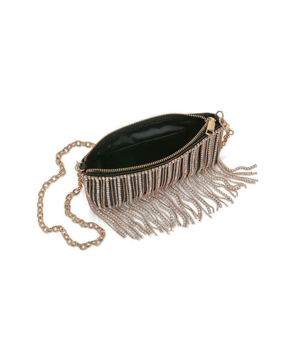 Black | Piper Top Zip Crystal Fringe Leather Crossbody Open
