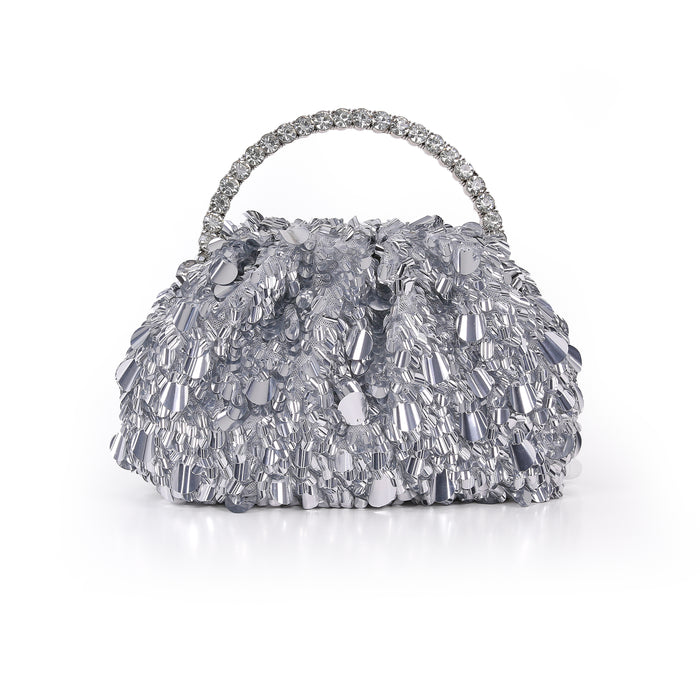 Silver | Crinkle Sequin Pouch Clutch Front